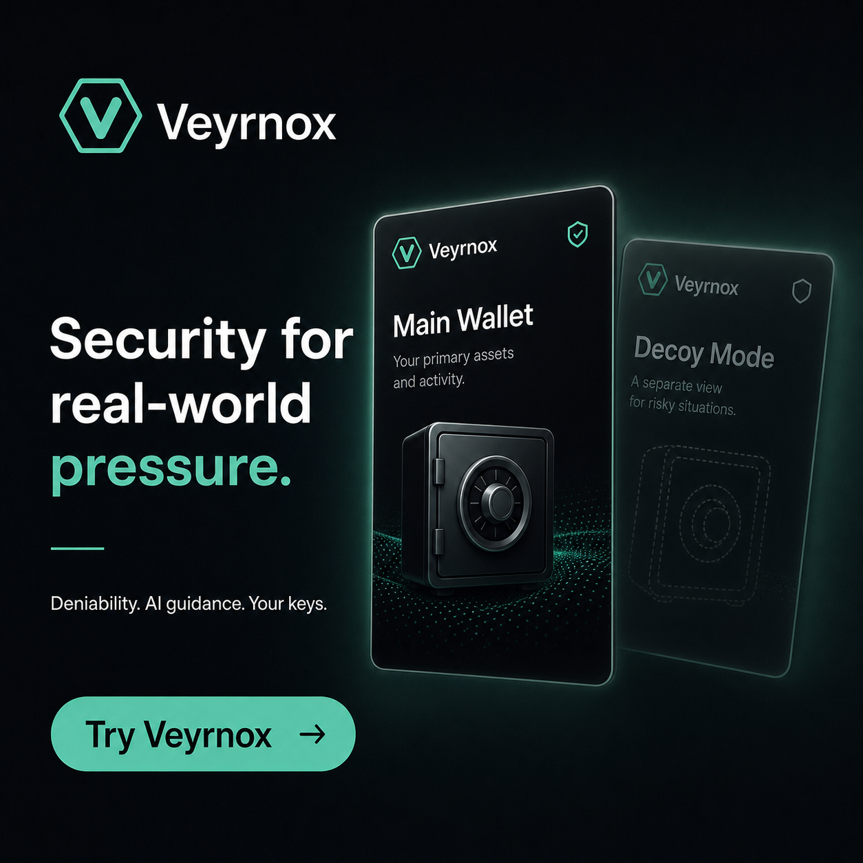 Veyrnox Main Wallet and Decoy Mode side by side — coercion-resistant deniability