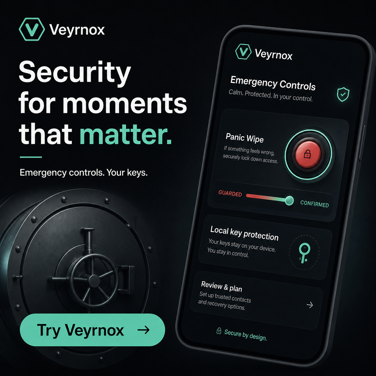 Veyrnox Emergency Controls — Panic Wipe and local key protection