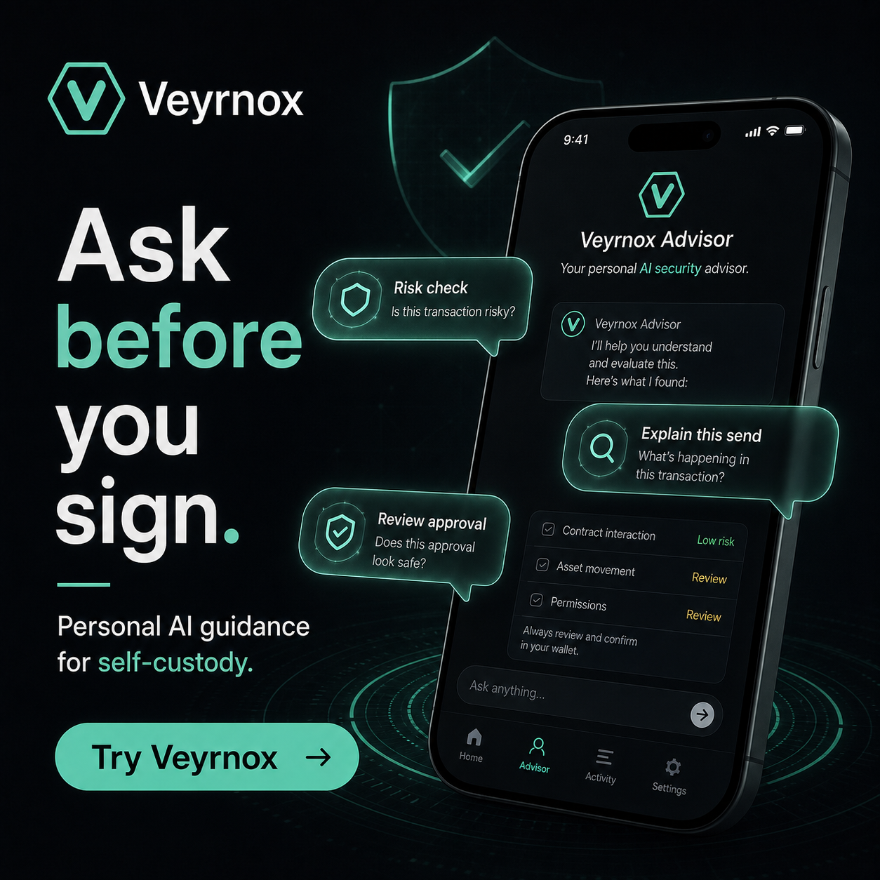 Veyrnox AI advisor chat surface explaining a risky signature request