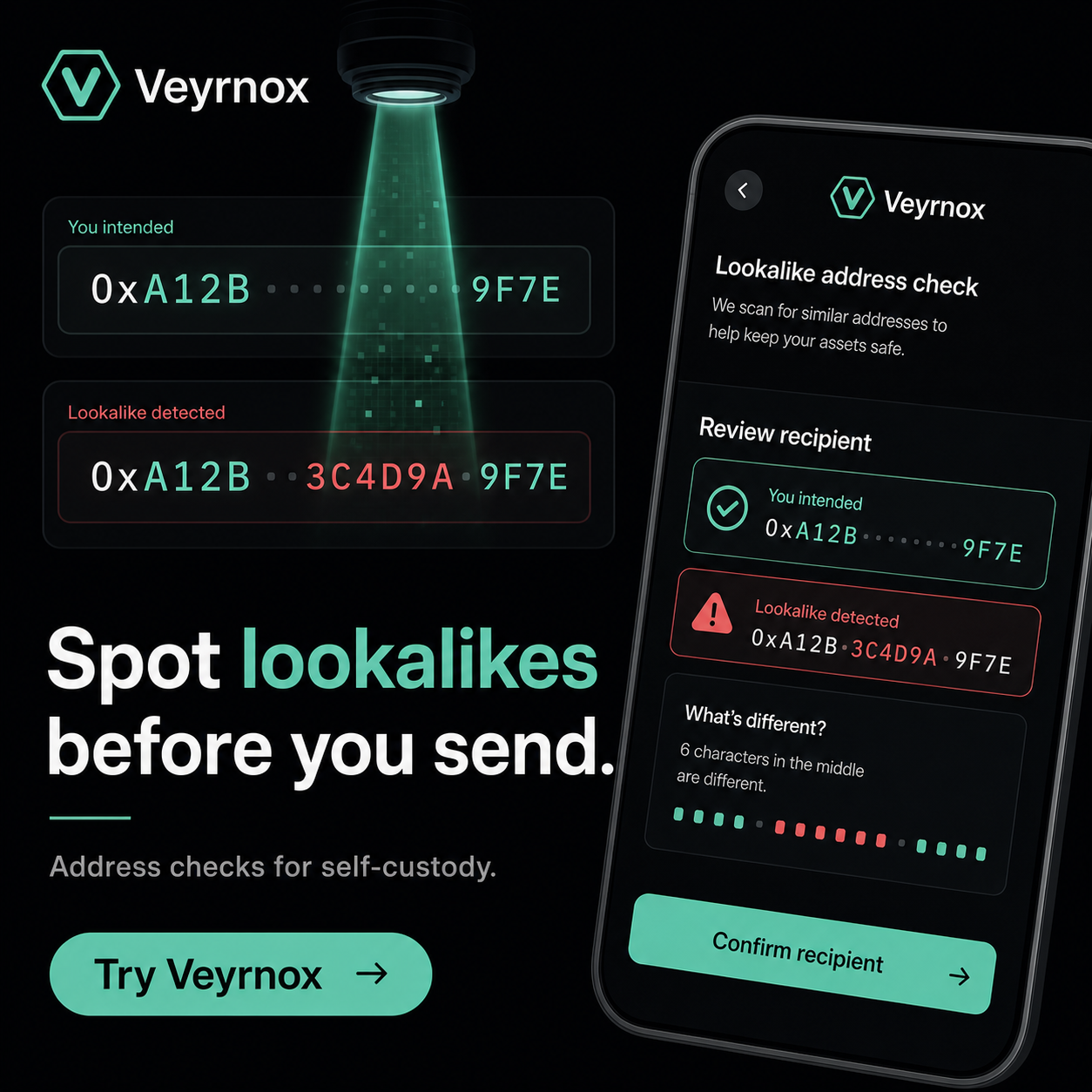 Veyrnox lookalike address check — flagging poisoned destination addresses before signing