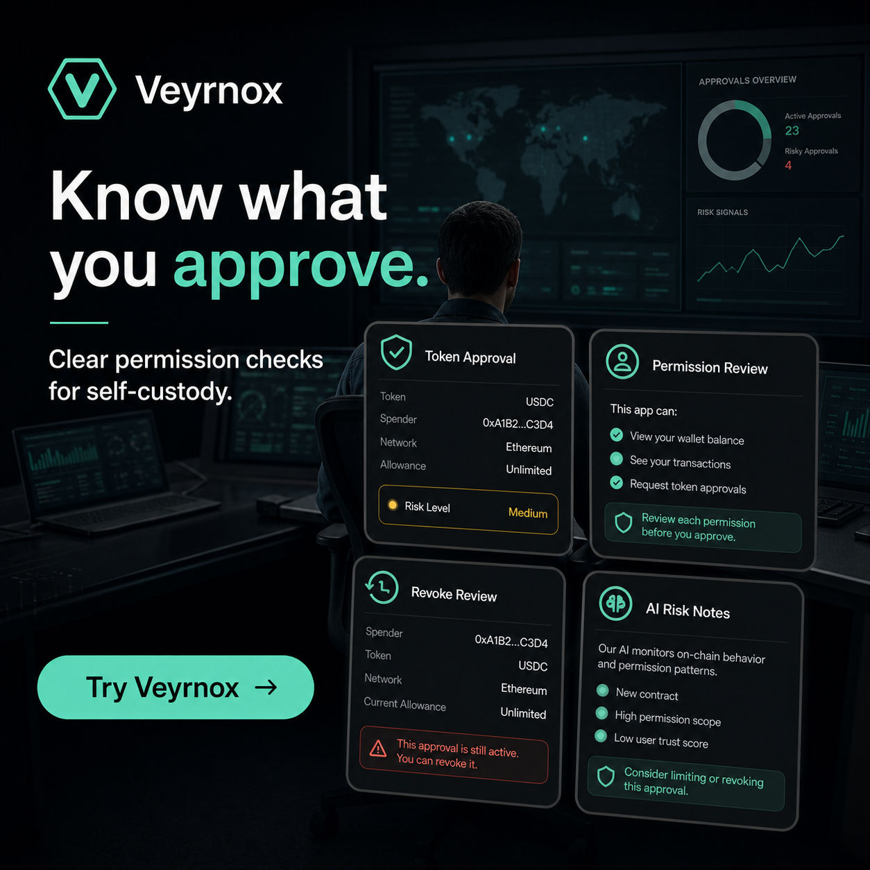Veyrnox approval control room — reviewing token allowances and Permit signatures before signing