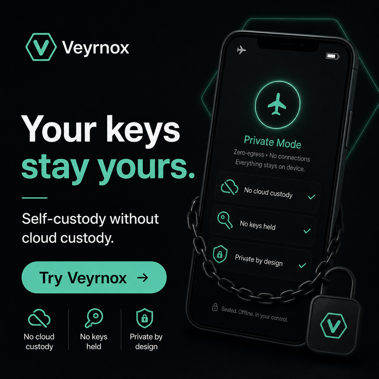 Veyrnox private, no-cloud custody — keys stay on the device, not on a server