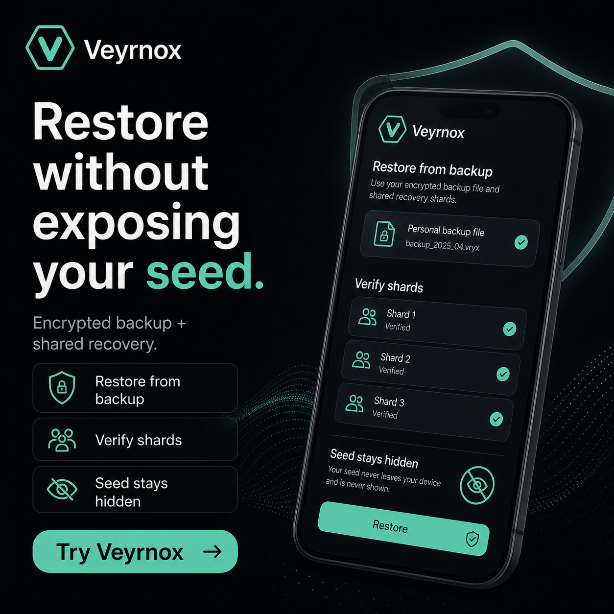 Veyrnox restore flow — encrypted backup and verified shards, seed never shown