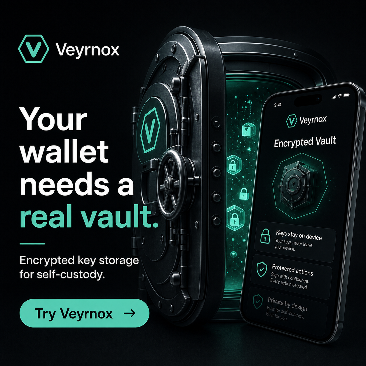 Veyrnox encrypted vault — keys stay on device, protected actions, private by design