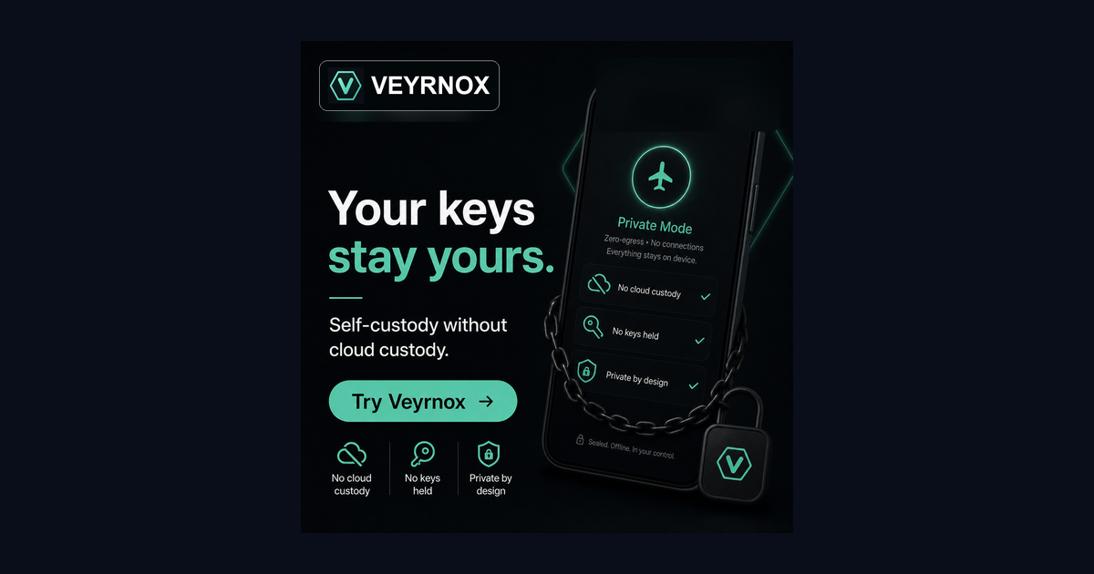 Exodus alternative — Veyrnox iOS-native self-custody wallet with no seed phrase